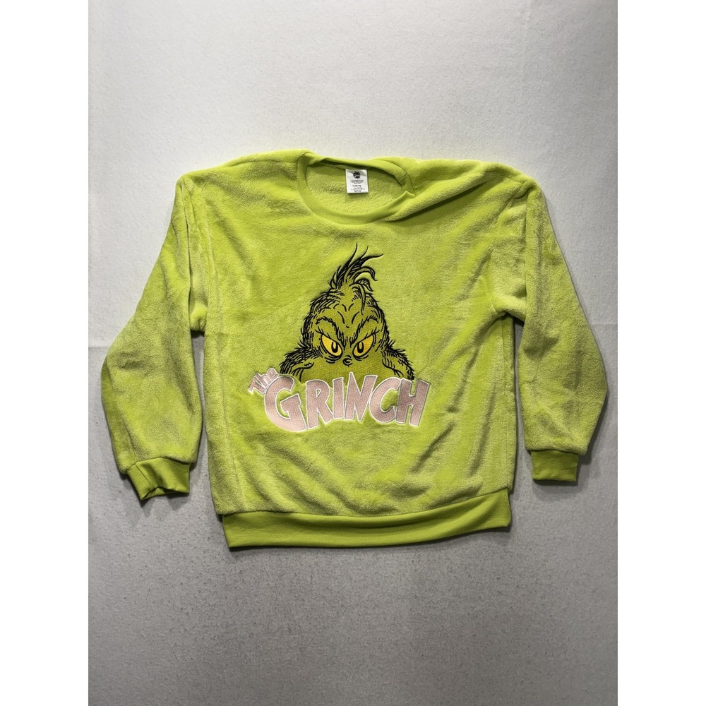 The Grinch Sweatshirt Unisex Kids L 12-14 Green Crew Neck Fleece Logo Pullover